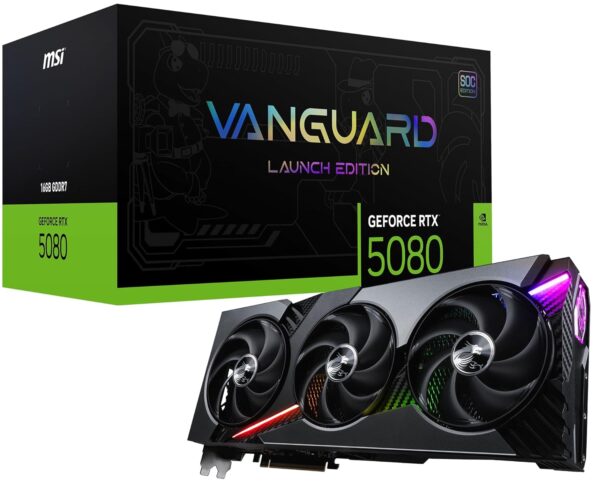 MSI GeForce RTX 5080 16G Vanguard SOC Launch Edition Graphic Card - NVIDIA GeForce RTX 5080 GPU, 16GB GDDR7 256-bit Memory, 30 Gbps, PCI Express Gen 5 Interface, Upto 2730 MHz, STORMFORCE Fan